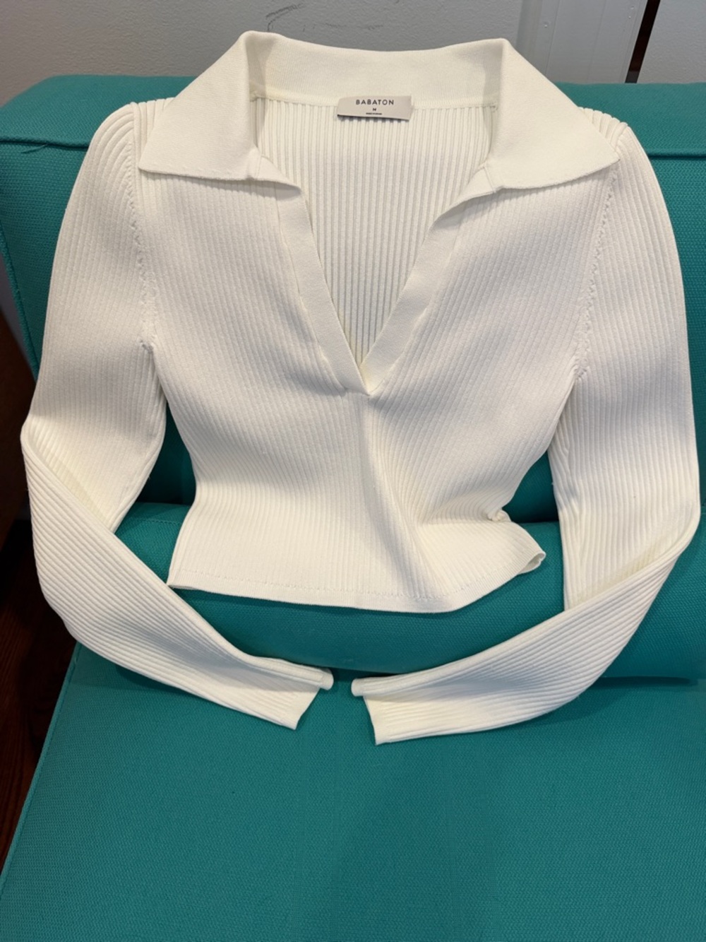 Aritzia White Ribbed V-Neck Polo Knit Top